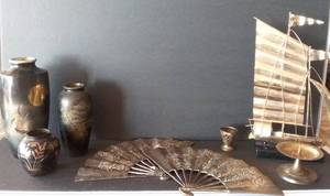lot 125 image: 1970s Brass Asian Dcor(vases, ship, fans, and more)