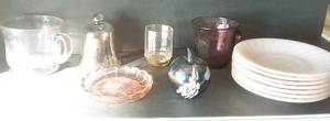 lot 130 image: Assorted Vintage Glassware, Fireking Pink Swirl Saucers, Fenton Apple, &amp more.