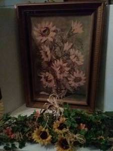 lot 188 image: Sunflower Painting on board(L Ritter) and 2 Sunflower Swags