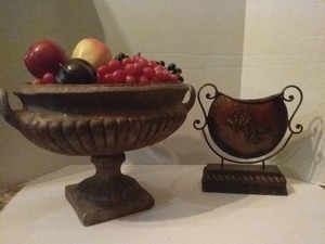 lot 198 image: Heavy Fruit bowl with Faux Fruit & Metal Vase