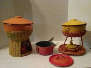 lot 199 image: 2 Asian Warming Pots with Stands and Cast Iron Suacepan(Belgium)