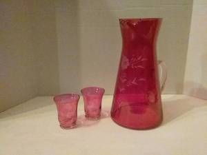 lot 203 image: 3 Pc Set Cranberry Etched Glass Pitcher and cups
