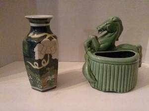 lot 211 image: Vintage Mccoy Green Asian Style Horse Planter &amp Asian Vase
