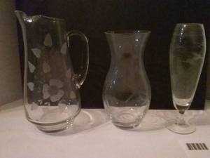 lot 215 image: 3 Pc of Etched Glassware. (Pitcher, Vase, Stemware)
