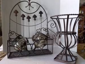 lot 253 image: 2 Caged Glass Planters, Metal Urn Planter, & Wall Planter