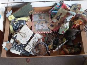lot 273 image: Crate of Assorted Signs, Plant Flags, Vintage Pressed Flower Suncatcher, and More