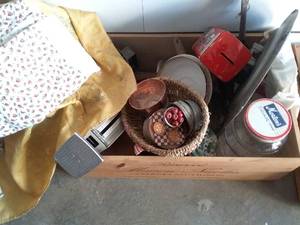 lot 274 image: Wine Box of Vintage Jars, Lids, Trivets, Utensils, &amp More