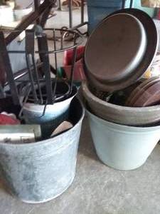 lot 276 image: Generous Quantity of Metal Pails, Planters, lights, and more