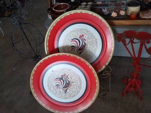 lot 296 image: Matching Pair of Large 19 Vintage Rooster Plates, 1 Stand, and More