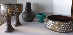lot 250 image: Vermillion MCM Walnut Bowl &amp Various Pottery including Unique Face Chalices