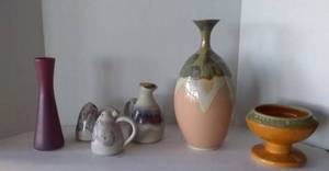 lot 248 image: Various Pottery. Magenta Vase is Van Briggle. Peach Marble Vase is marked LeGrand.