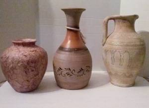 lot 244 image: 3 Pc Tall Pottery VasesEwers