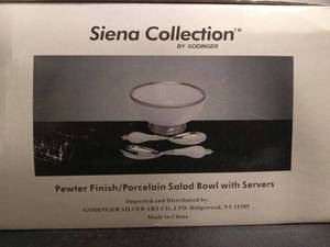 lot 3 image: Sienna Collection By Godinger Pewter FinishPorcelain Salad Bowl with Servers