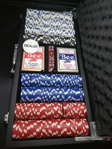 lot 38 image: COMPLETE POKER CHIP SET WITH DICE AND 2 DESKS OF CARDS IN CARRY CASE
