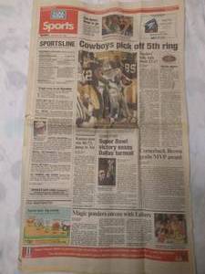 lot 47 image: USA TODAY JANUARY 29, 1996 SPORTS SECTION  C NEWSPAPER COWBOYS COLLECTABLE