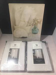 lot 71 image: 2 WAMSUTTA ROD POCKET CURTAIN PANELS AND WALL ART