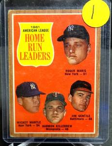 lot 1 image: 1962 Topps #53 MantleMarisKillebrewGentile AL Home Run Leaders  - VG