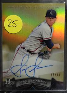 lot 25 image: RARE ROOKIE AUTOGRAPH (1550) - 2014 Bowman Platinum Prospects Gold Refractor 50 Shae Simmons #AP-SS Auto