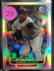 lot 27 image: 2014 Bowman Chrome Pittsburgh Pirates Baseball Card #180 Edinson Volquez