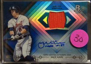 lot 30 image: LIMITED AUTOGRAPH RELIC (063199) - 2014 Bowman Platinum Relics Blue Refractor 199 James McCann #AR-JM Auto