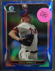 lot 48 image: LIMITED TO 250 - 2014 Bowman Chrome Cole Hamels 98250 Blue Refractor