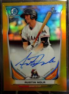 lot 52 image: RARE LIMITED AUTOGRAPH (2950) - Austin Nola 2014 Bowman Chrome BCP61 1st RC Gold Refractor #50 San Diego Padres