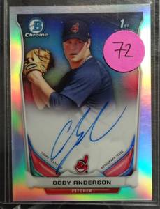 lot 72 image: LIMITED AUTOGRAPHED REFRACTOR (69500) - 2014 Bowman Chrome Cody Anderson REFRACTOR AUTO AUTOGRAPH RC 500 INDIANS