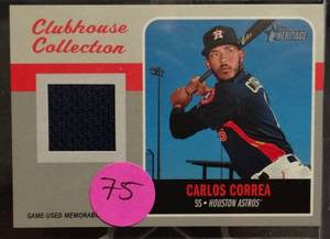 lot 75 image: PATCH CARD - 2019 Topps Heritage Clubhouse Collection Carlos Correa ECCR-CC Astros JerseyCard cOMPS $10