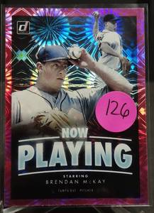 lot 126 image: ROOKIE - BRENDAN MCKAY RC 2020 DONRUSS PINK FIREWORKS NOW PLAYING #NP-10 TAMPA BAY RAYS