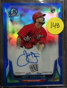 lot 148 image: ROOKIE AUTOGRAPH - JEFF KOBERNUS 2014 BOWMAN CHROME BLUE REFRACTOR AUTO ROOKIE RC 150 NATIONALS