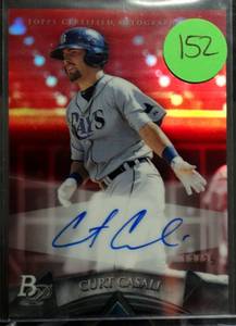 lot 152 image: RARE LIMITED AUTOGRAPH (1325) - Curt Casali 2014 Bowman Platinum Autographed Prospects Red Refractor $$$