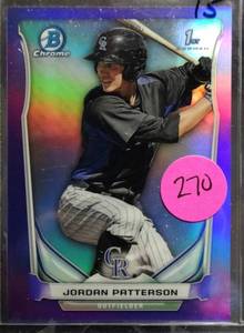 lot 270 image: RARE LIMITED (10150) - 2014 BOWMAN CHROME PROSPECTS PURPLE REFRACTOR #BCP19 JORDAN PATTERSON 10150 MINT