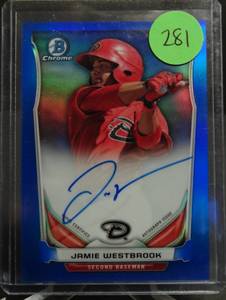 lot 281 image: $$$ LIMITED AUTOGRAPH (80150) - 2014 Bowman Prospect Chrome Blue Refractor 150 Jamie Westbrook #BCAP-JW Auto