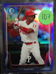 lot 107 image: LIMITED TO 150 - JIMMY ROLLINS 2014 BOWMAN CHROME PURPLE REFRACTOR #124 SERIAL 119150 PHILLIES