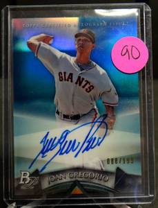 lot 90 image: LIMITED AUTOGRAPHED (88199) - 2014 BOWMAN PLATINUM BLUE REFRACTOR AUTOGRAPH JOAN GREGORIO GIANTS 49199