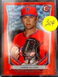 lot 304 image: LIMITED (27150) - 2014 Bowman Chrome Mini Refractors Red #59 Chris Oliver Phillies NM-MT