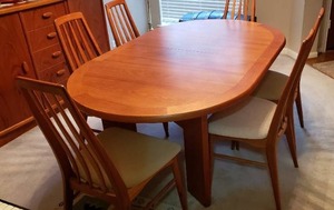 lot 5 image: Beautiful Skovby Teak Wood Dining Table (Leaves are inside the table) and 6 Chairs, Model SM14T (Matches Lot 7)