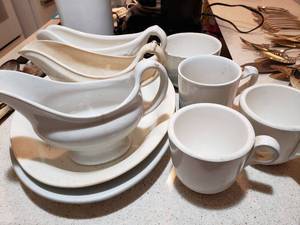 lot 108 image: Knowles Gravy Boat, Hall Gravy Boat, Ironstone Mugs