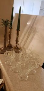 lot 71 image: Brass Taper Candle Holders, Glass Dessert Set of 8, metal Palm Tree