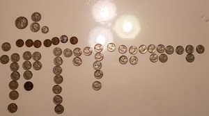 lot 212 image: Coins 1942 Liberty Half Dollar, Standing Liberty Quarter, 1946 Quarter, 1945 Mercury Dime, 7 Wheat Pennies (One is Zinc), One Buffalo Nickel, Video shows dates on remaining Nickels