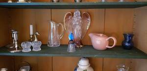 lot 131 image: Brass Duck Taper Candle Holder, Matching Pairs of Candle Holders, Colored Glass Bell, Glass Angel, Russel Wright Tea Pot