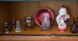 lot 132 image: Sterling Weighted Taper Candle Hilders, Liquor Decanter with Metal Carrier, Vases and more