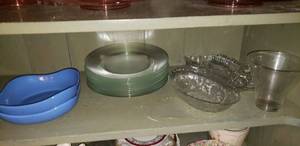 lot 134 image: Clear Glass Dinner Plate Set, Etched Glass Bowls and Platters and Pair of Blue Serving Dishes