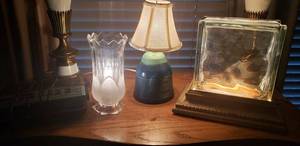 lot 139 image: Glass Block Table Lamp,  Ceramic Base Desk Lamp, Glass Torchiere Table Lamp, and GE Clock Radio Model 7-4652A