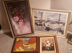 lot 138 image: Oil Painting of Flowers, Dorothy Paus Print of Sailboats, Diane Miller Painting, and Needlepoint Farm Landscape