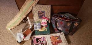 lot 113 image: Insulated Cooler Bag with zipper pouch, craft Books, Buttons, Photo Album and collection of button covers