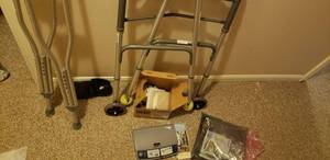 lot 147 image: Medtronic Carelink Monitor Model 2490H, Pair of Adult Crutches, 2 Button Walker and Darco Square Toe Foot Brace