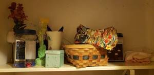 lot 149 image: Shelf Contents Basket, Scroll Wine Bottle Candelabra, Brass Vase and Brass Base Votives