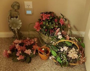 lot 153 image: Artificial Flower Arrangements and Statue of Girl Holding Flower
