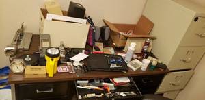 lot 158 image: Desk Contents Only HarmonKardon Computer Speakers, 2 and 3-Hole Punches, and various office supplies as shown